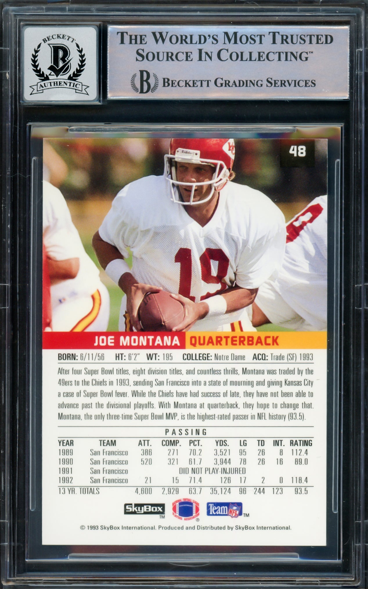 Joe Montana Autographed 1993 Skybox Premium Card #48 San Francisco 49ers Auto Grade Gem Mint 10 Beckett BAS Stock #220763