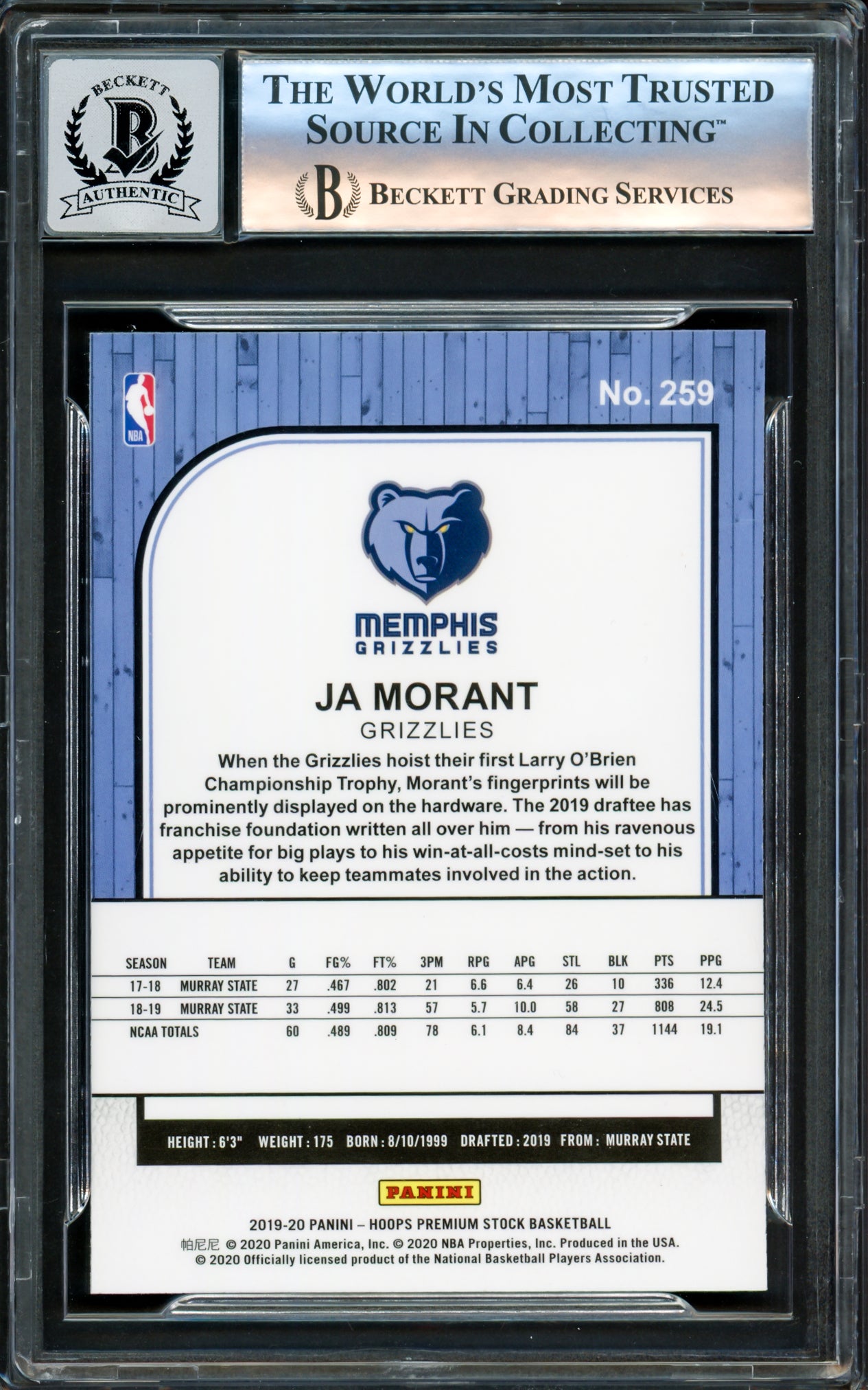 Ja Morant Autographed 2019-20 Panini Hoops Premium Stock Rookie Card #259 Memphis Grizzlies Auto Grade Gem Mint 10 Beckett BAS Stock #220780