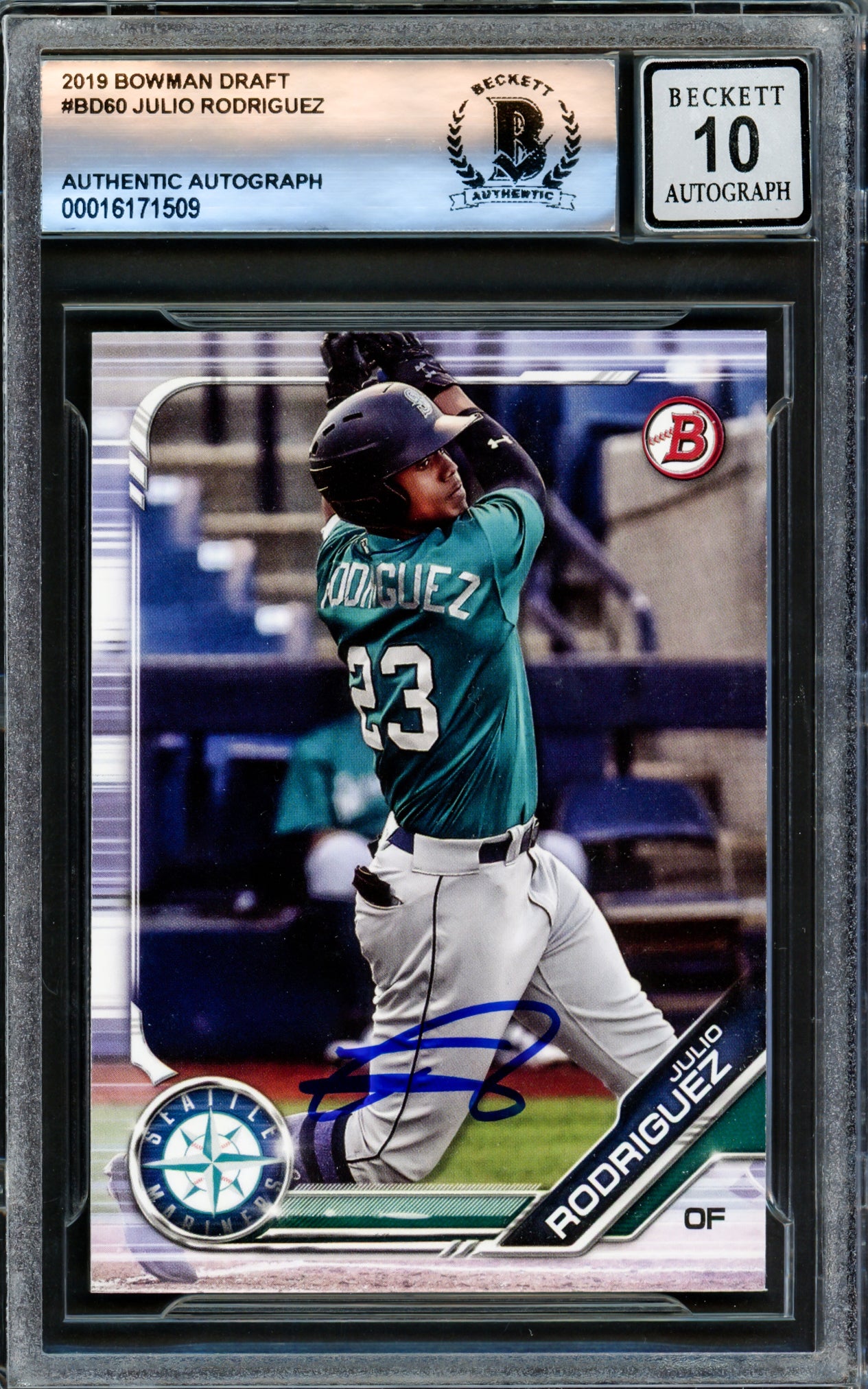 Julio Rodriguez Autographed 2019 Bowman Draft Rookie Card #BD60 Seattle Mariners Auto Grade Gem Mint 10 Beckett BAS Stock #220784