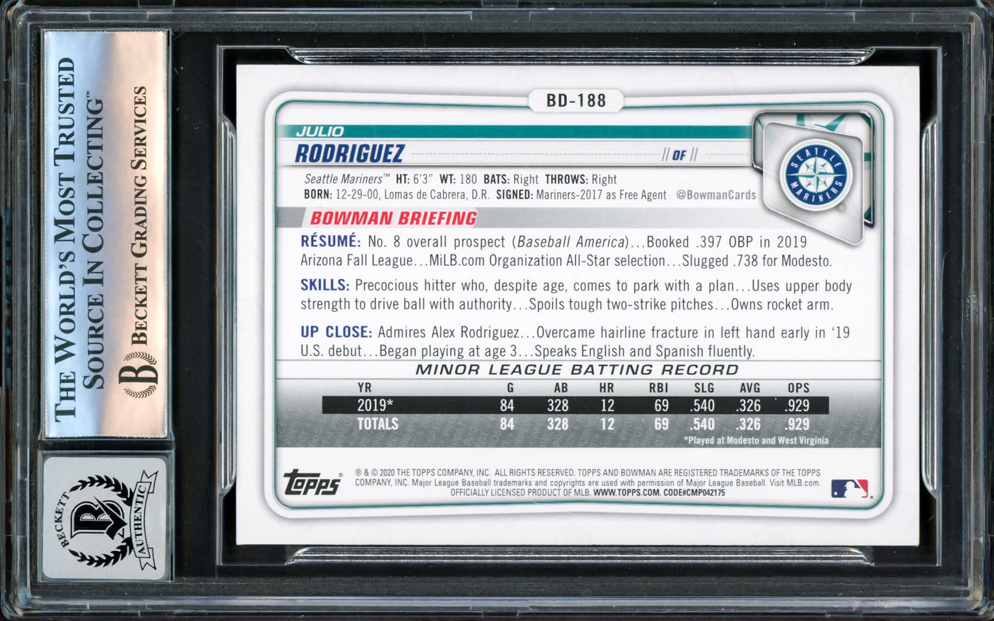 Julio Rodriguez Autographed 2020 Bowman Draft Card #BD188 Seattle Mariners Auto Grade Gem Mint 10 Beckett BAS Stock #220785