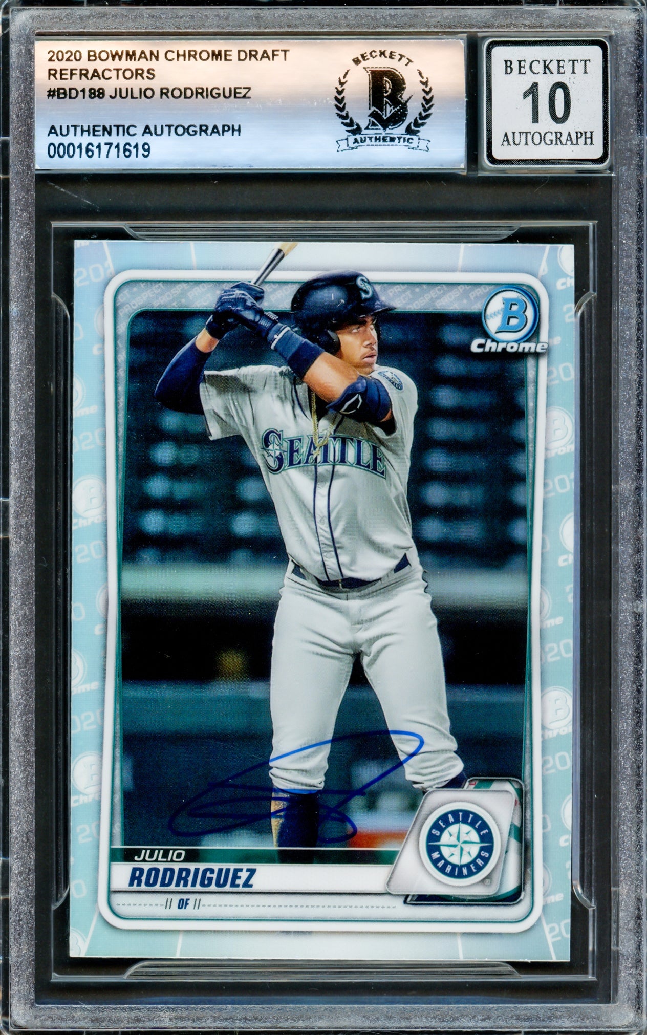 Julio Rodriguez Autographed 2020 Bowman Chrome Draft Refractors Card #BD188 Seattle Mariners Auto Grade Gem Mint 10 Beckett BAS Stock #220786