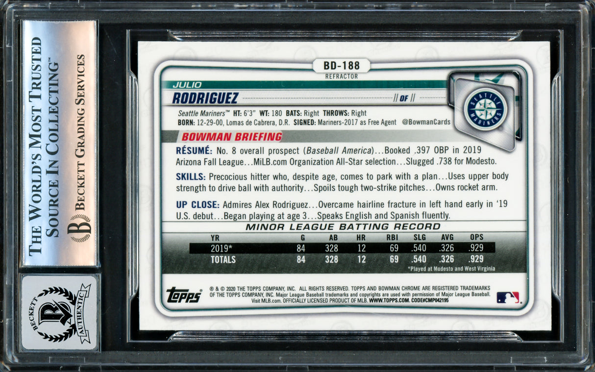 Julio Rodriguez Autographed 2020 Bowman Chrome Draft Refractors Card #BD188 Seattle Mariners Auto Grade Gem Mint 10 Beckett BAS Stock #220786