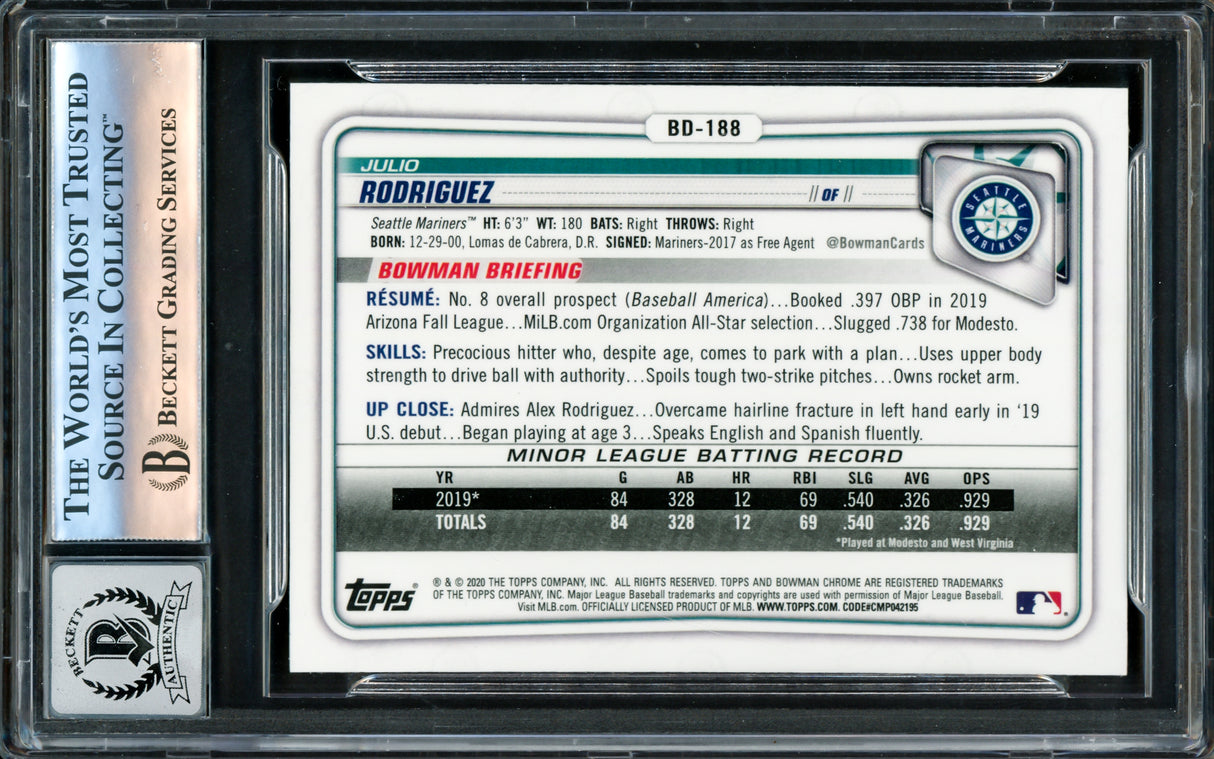Julio Rodriguez Autographed 2020 Bowman Chrome Draft Card #BD188 Seattle Mariners Auto Grade Gem Mint 10 Beckett BAS Stock #220787