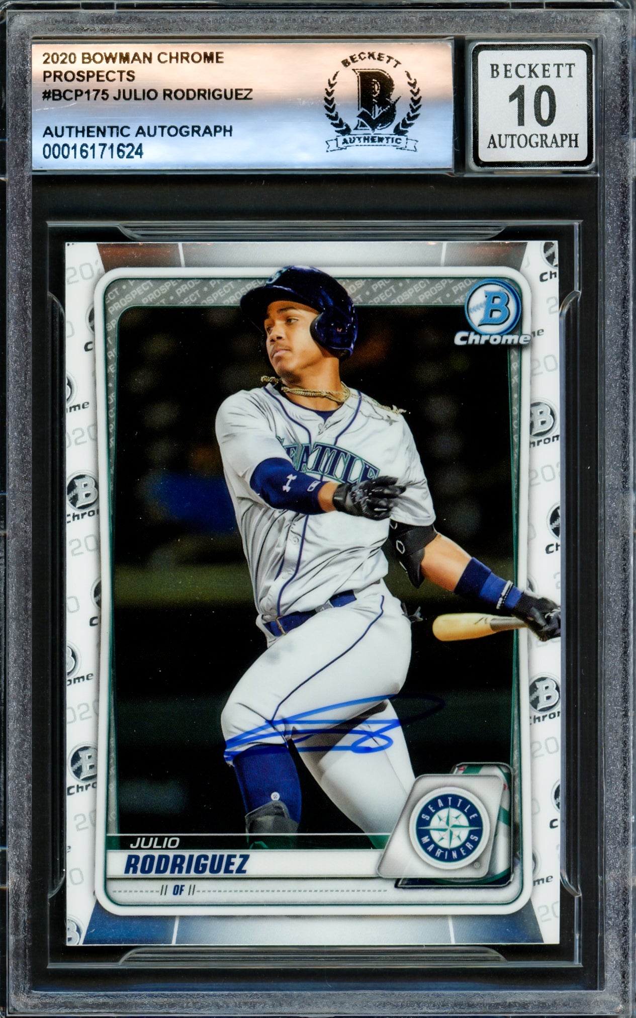 Julio Rodriguez Autographed 2020 Bowman Chrome Prospects Card #BCD175 Seattle Mariners Auto Grade Gem Mint 10 Beckett BAS Stock #220788