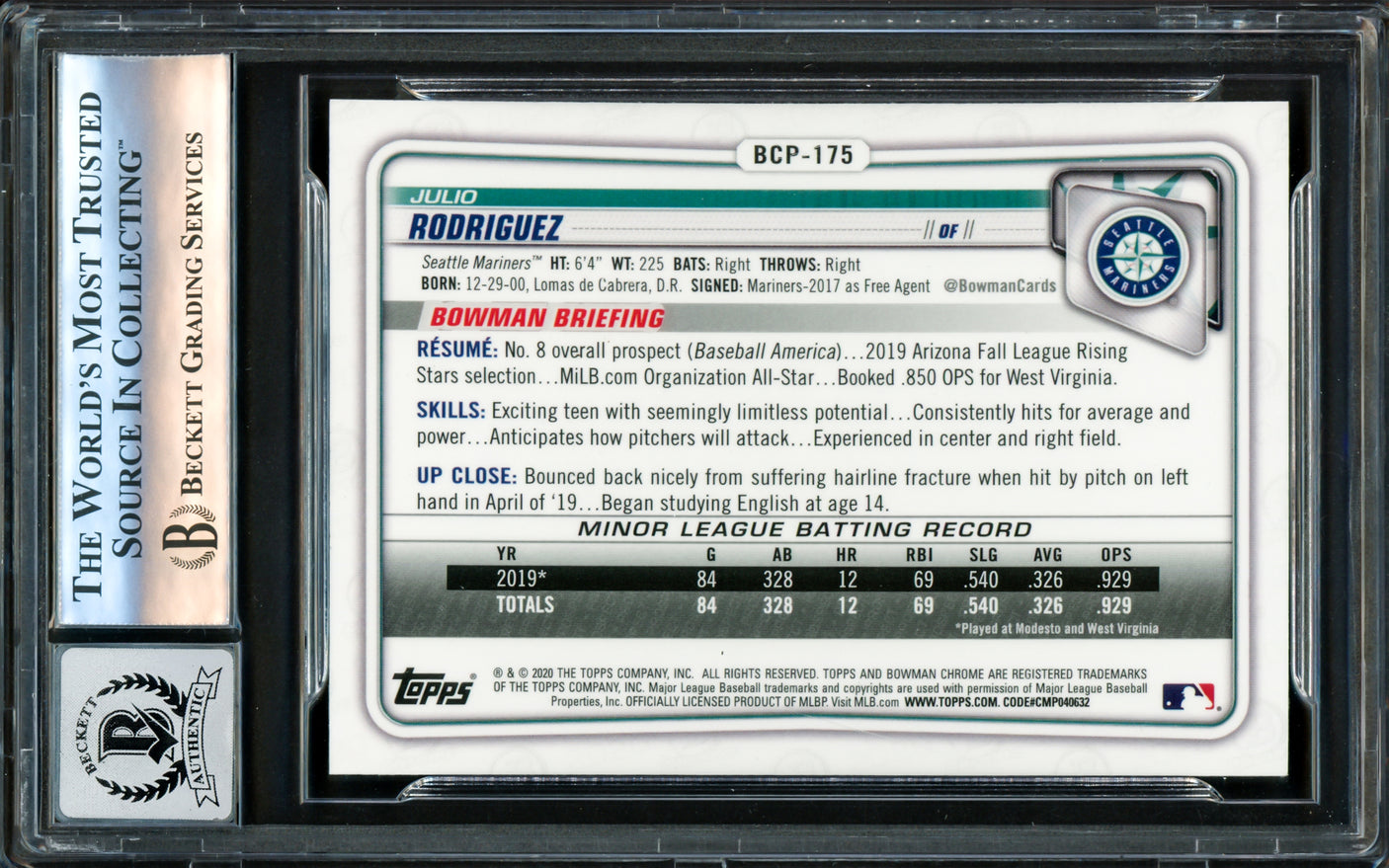 Julio Rodriguez Autographed 2020 Bowman Chrome Prospects Card #BCD175 Seattle Mariners Auto Grade Gem Mint 10 Beckett BAS Stock #220788