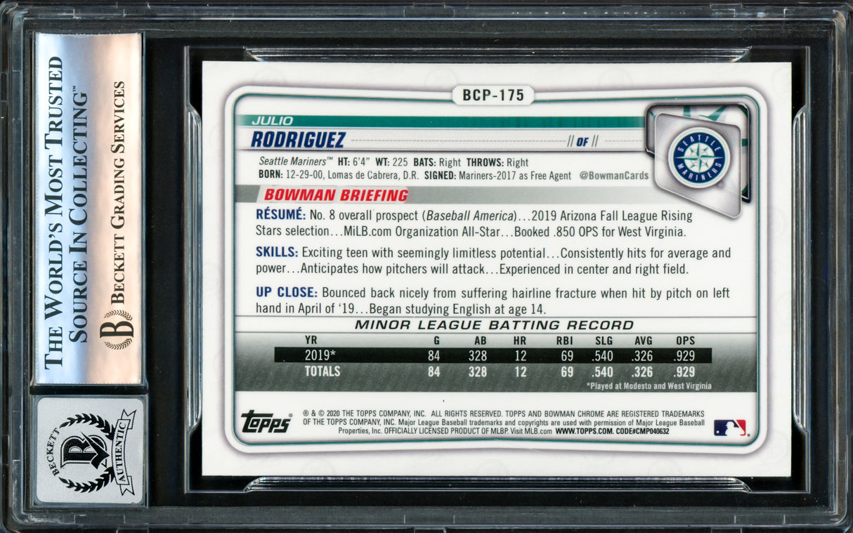 Julio Rodriguez Autographed 2020 Bowman Chrome Prospects Card #BCD175 Seattle Mariners Auto Grade Gem Mint 10 Beckett BAS Stock #220788