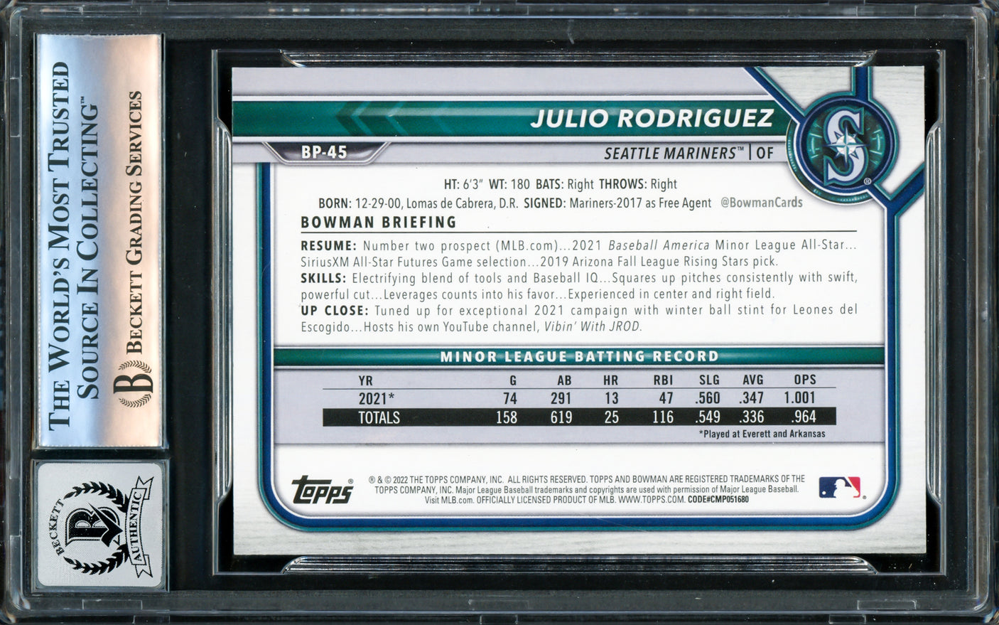 Julio Rodriguez Autographed 2022 Bowman Prospects Card #BP45 Seattle Mariners Auto Grade Gem Mint 10 Beckett BAS Stock #220790