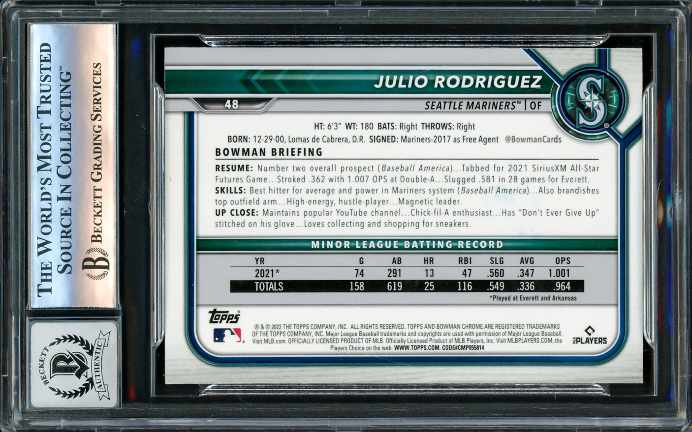 Julio Rodriguez Autographed 2022 Bowman Chrome Rookie Card #48 Seattle Mariners Auto Grade Gem Mint 10 Beckett BAS Stock #220791