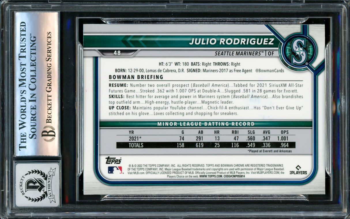 Julio Rodriguez Autographed 2022 Bowman Chrome Rookie Card #48 Seattle Mariners Auto Grade Gem Mint 10 Beckett BAS Stock #220791