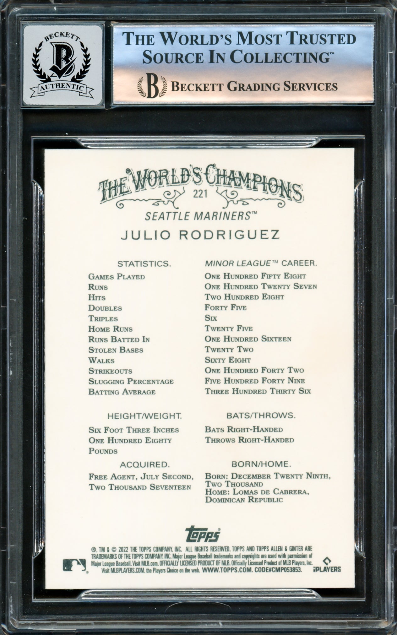 Julio Rodriguez Autographed 2022 Topps Allen & Ginter Rookie Card #221 Seattle Mariners Auto Grade Gem Mint 10 Beckett BAS Stock #220794