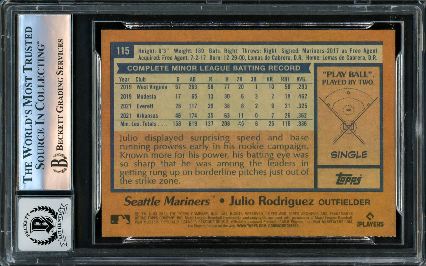 Julio Rodriguez Autographed 2022 Topps Archives Rookie Card #115 Seattle Mariners Auto Grade Gem Mint 10 Beckett BAS Stock #220795