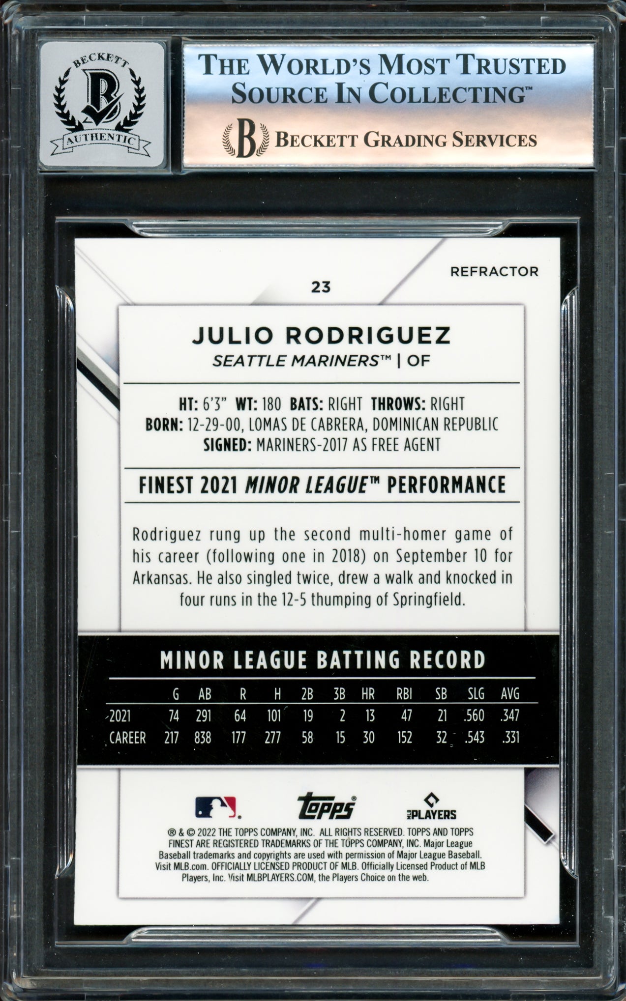 Julio Rodriguez Autographed 2022 Topps Finest Refractors Rookie Card #23 Seattle Mariners Auto Grade Gem Mint 10 Beckett BAS Stock #220797