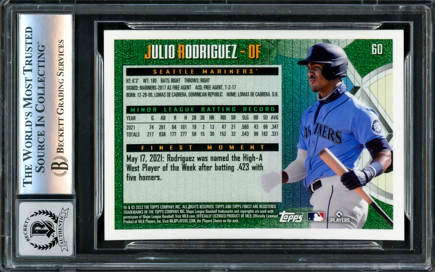 Julio Rodriguez Autographed 2022 Topps Finest Flashbacks Rookie Card #60 Seattle Mariners Auto Grade Gem Mint 10 Beckett BAS Stock #220799