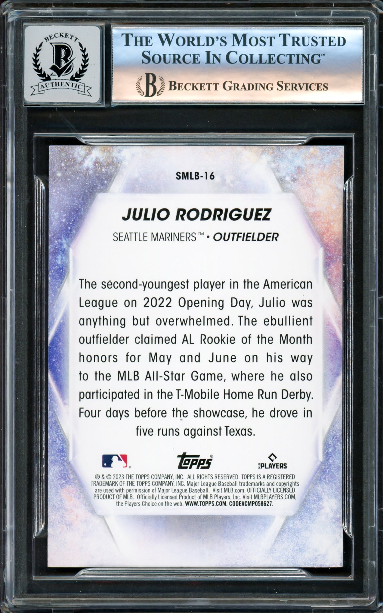 Julio Rodriguez Autographed 2023 Topps Stars of MLB Card #SMLB-16 Seattle Mariners Auto Grade Gem Mint 10 Beckett BAS Stock #220801