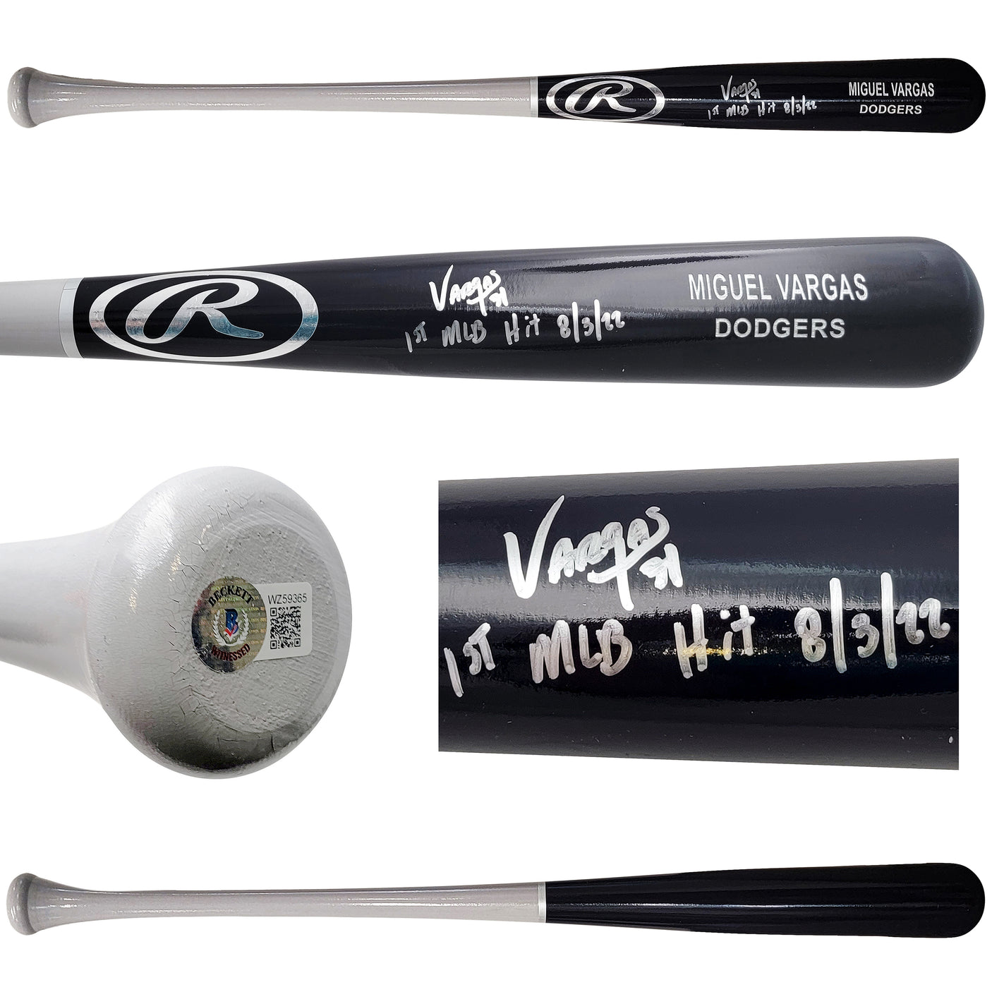 Miguel Vargas Autographed Black Rawlings Game Model Bat Dodgers, White Sox "1st MLB Hit" Beckett BAS Witness Stock #209051