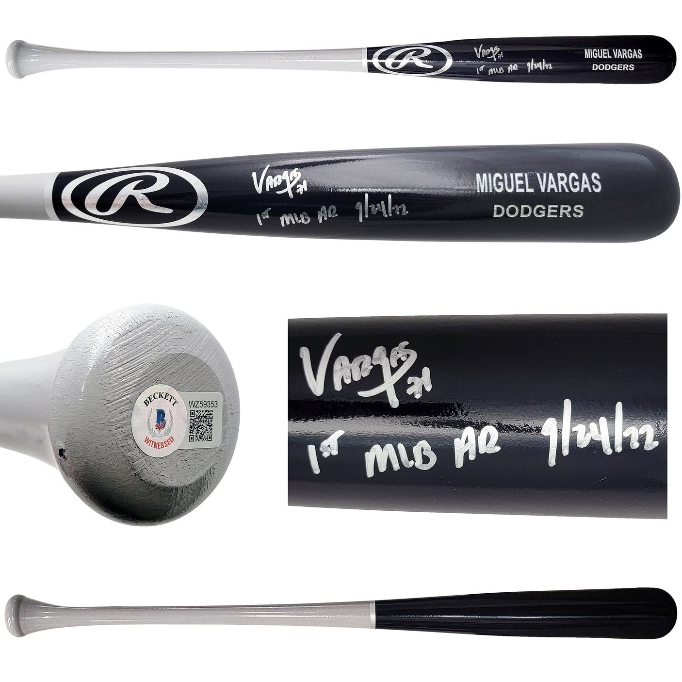 Miguel Vargas Autographed Black Rawlings Game Model Bat Dodgers, White Sox "1st MLB HR" Beckett BAS Witness Stock #209052