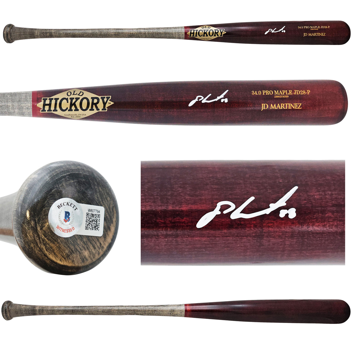 JD J.D. Martinez Autographed Wine & Grey Old Hickory Pro Maple Bat Red Sox, Tigers Beckett BAS Witness Stock #220623