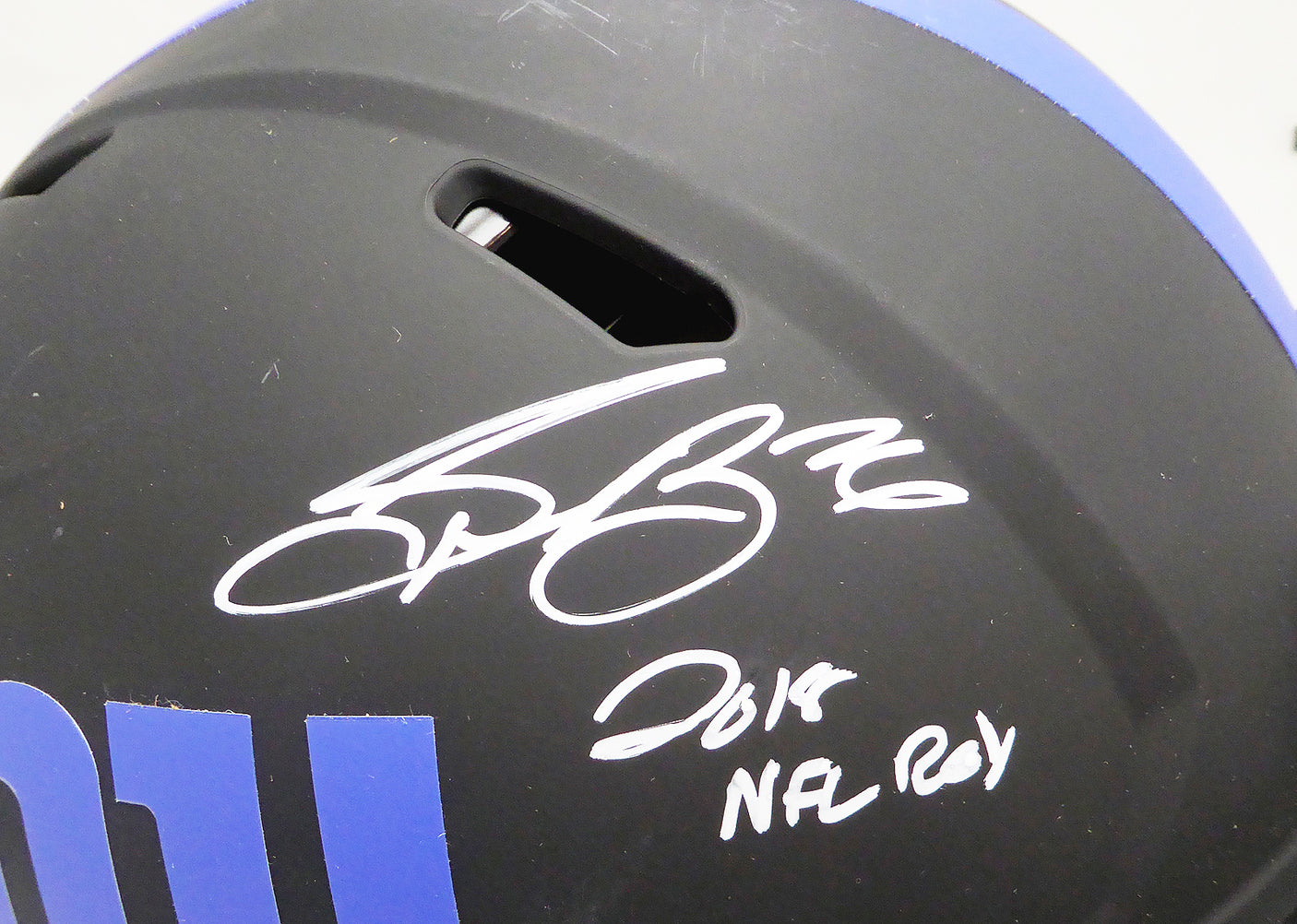 Saquon Barkley Autographed New York Giants Eclipse Black Full Size Authentic Speed Helmet "2018 NFL ROY" Beckett BAS Witness #WQ04042