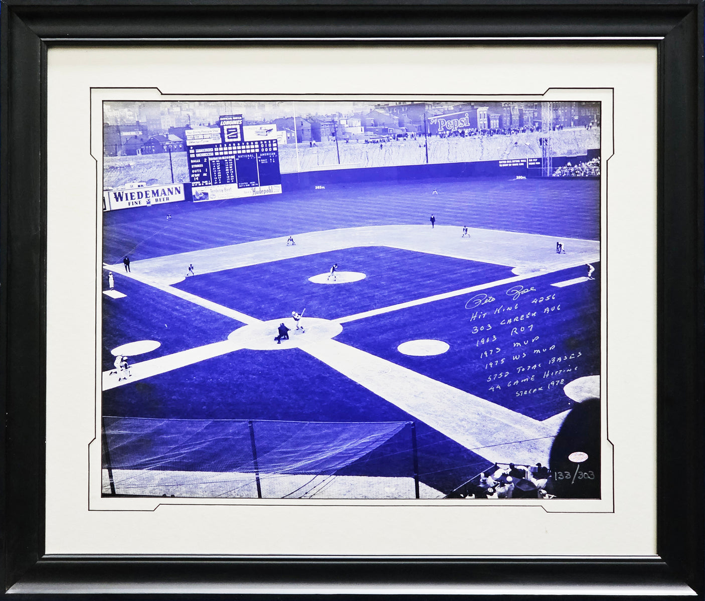 Pete Rose Autographed Framed 16x20 Photo Cincinnati Reds With 8 Stats/Inscriptions #133/303 Mounted Memories SKU #221106