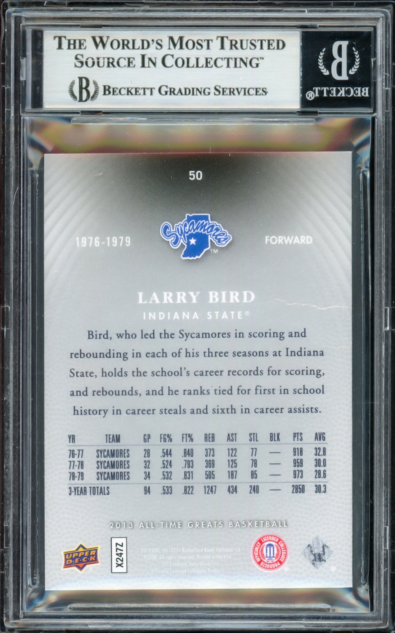 Larry Bird Autographed 2013 Upper Deck All-Time Greats Card #50 Boston Celtics #091/150 Beckett BAS Witness #16868901