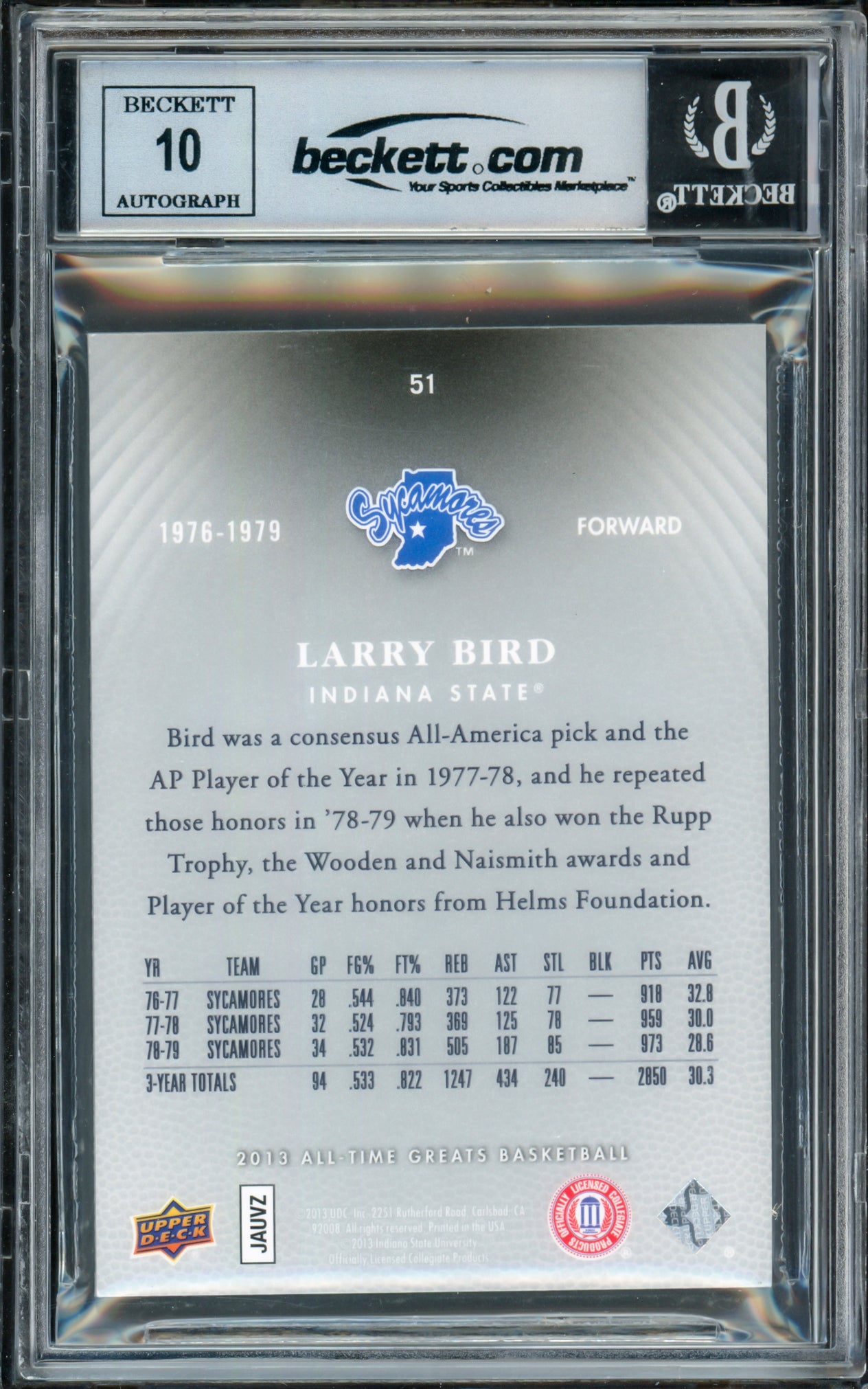 Larry Bird Autographed 2013 Upper Deck All-Time Greats Card #51 Boston Celtics Auto Grade Gem Mint 10 #041/150 Beckett BAS Witness #16862499