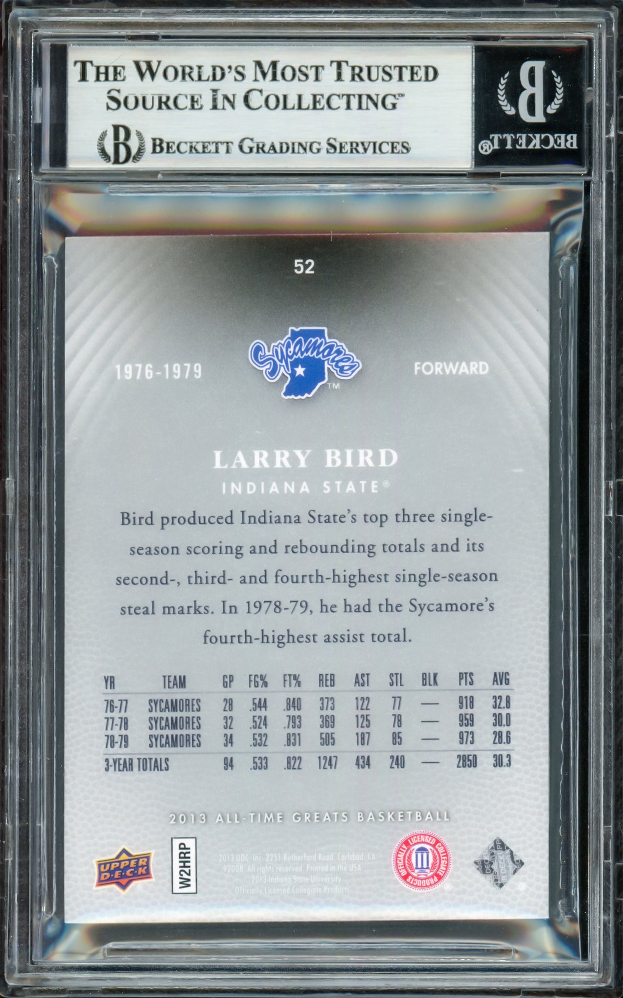 Larry Bird Autographed 2013 Upper Deck All-Time Greats Card #52 Boston Celtics #077/150 Beckett BAS Witness #16868897
