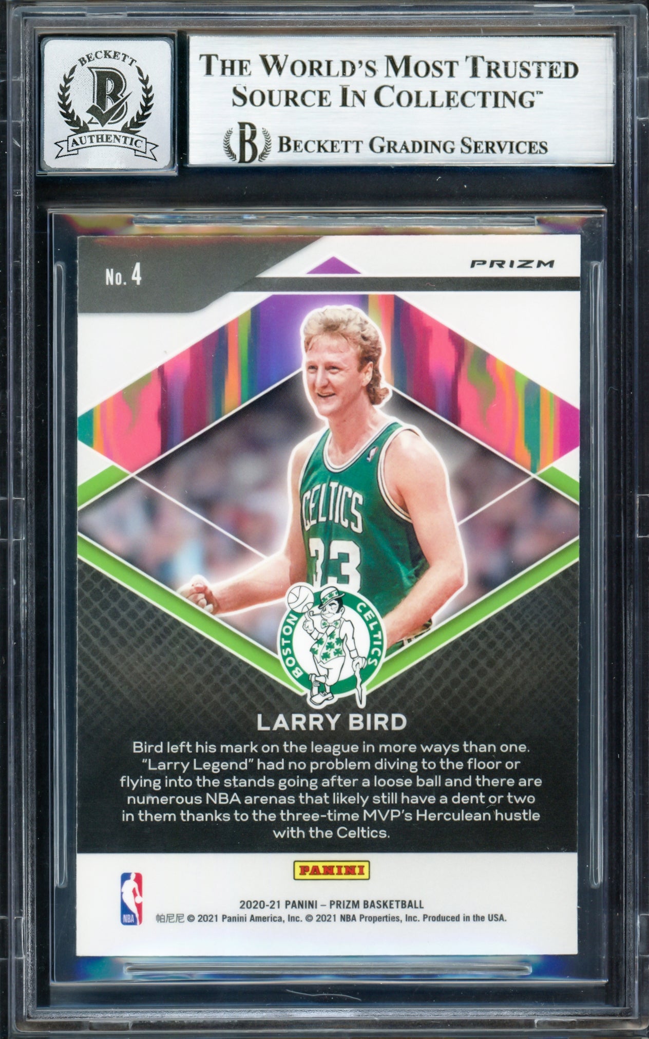 Larry Bird Autographed 2020-21 Panini Prizm Fearless Prizms Silver Card #4 Boston Celtics Auto Grade Gem Mint 10 Beckett BAS Witness #16862981