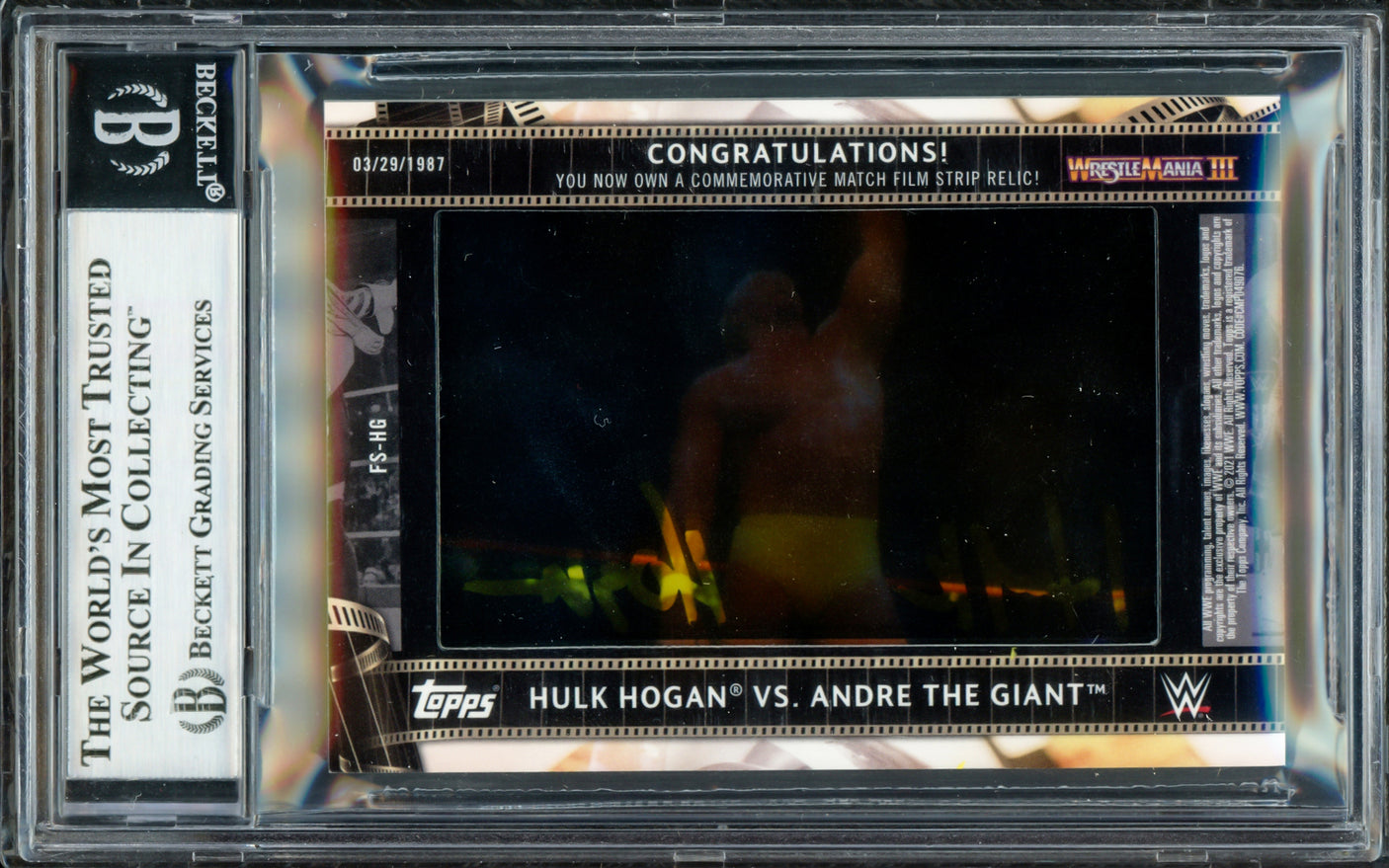 Hulk Hogan Autographed 2021 Topps WWE Manufactured Match Film Strip Relics Card #FSHG #278/299 Beckett BAS #16902371