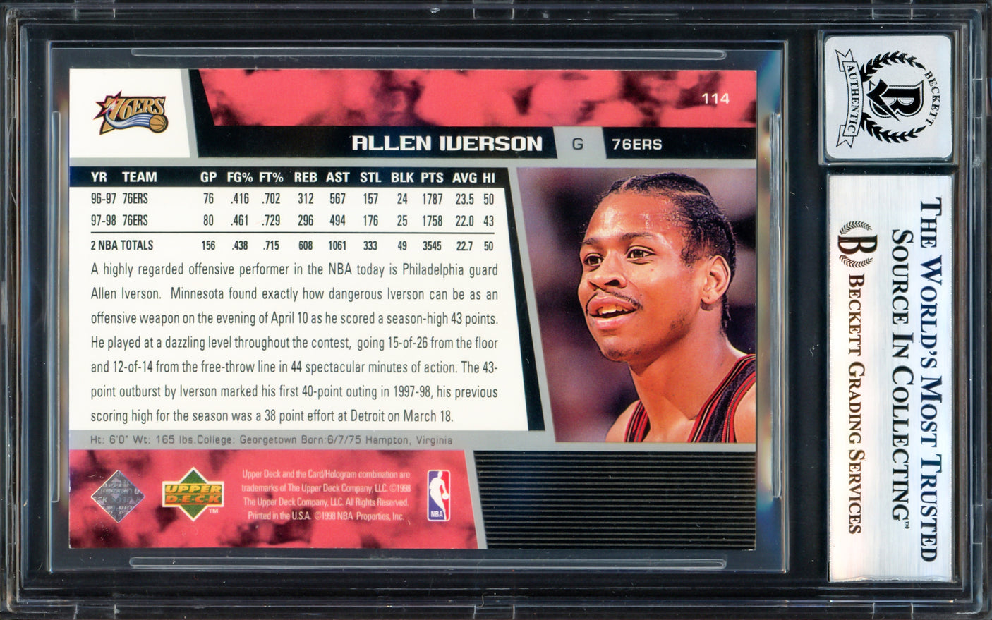 Allen Iverson Autographed 1998-99 Upper Deck Card #114 Philadelphia 76ers Auto Grade Gem Mint 10 Beckett BAS Witness #17004300