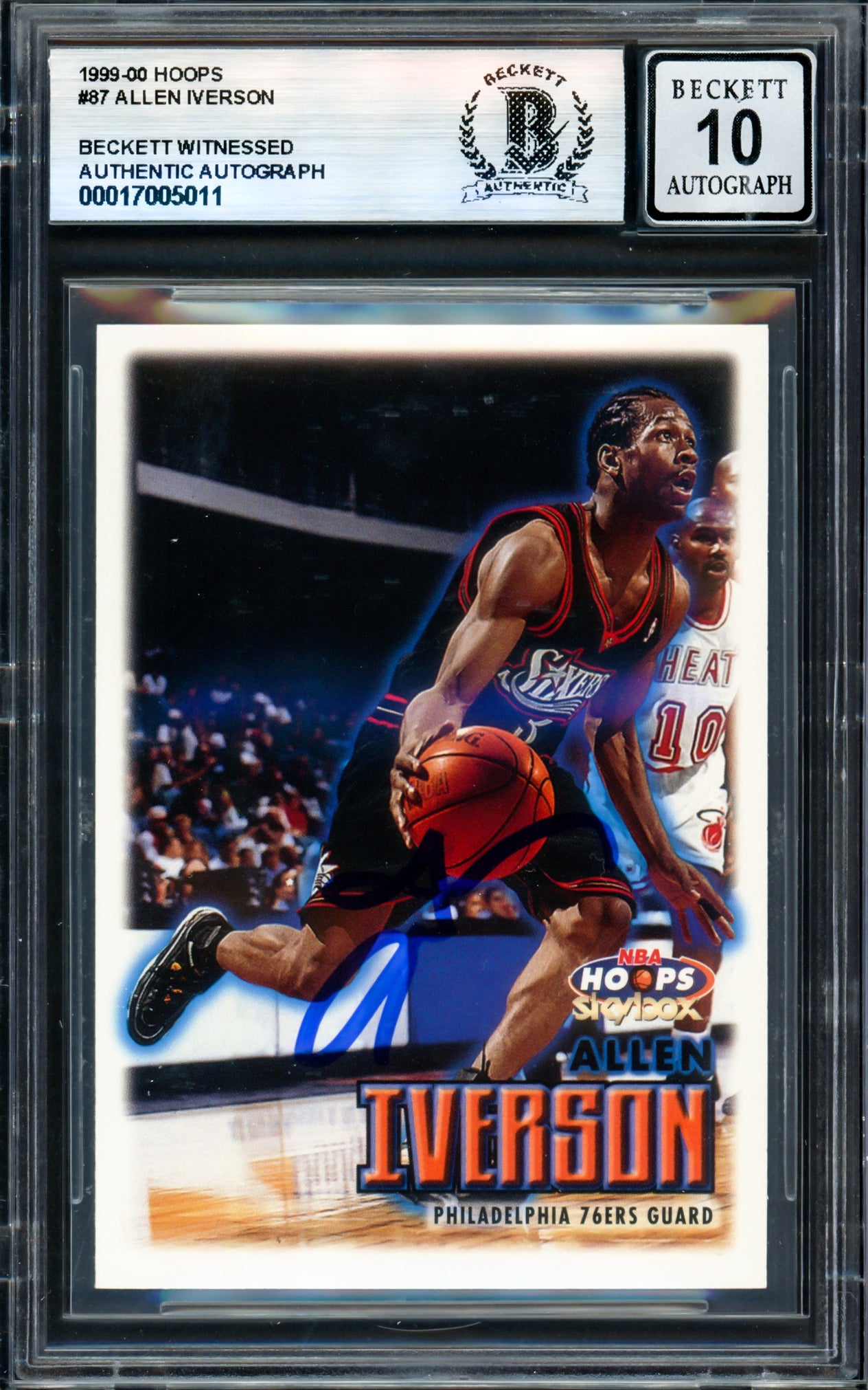 Allen Iverson Autographed 1999-00 Hoops Card #87 Philadelphia 76ers Auto Grade Gem Mint 10 Beckett BAS Witness #17005011