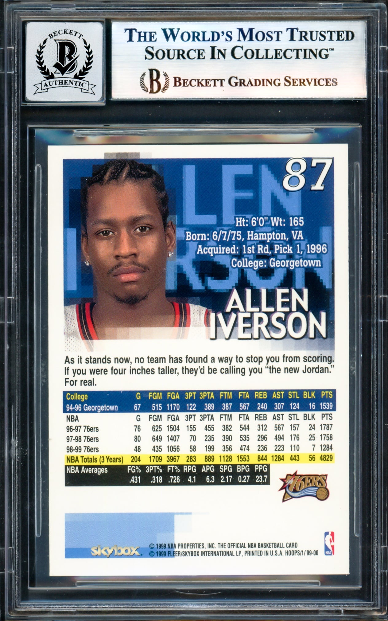 Allen Iverson Autographed 1999-00 Hoops Card #87 Philadelphia 76ers Auto Grade Gem Mint 10 Beckett BAS Witness #17005011
