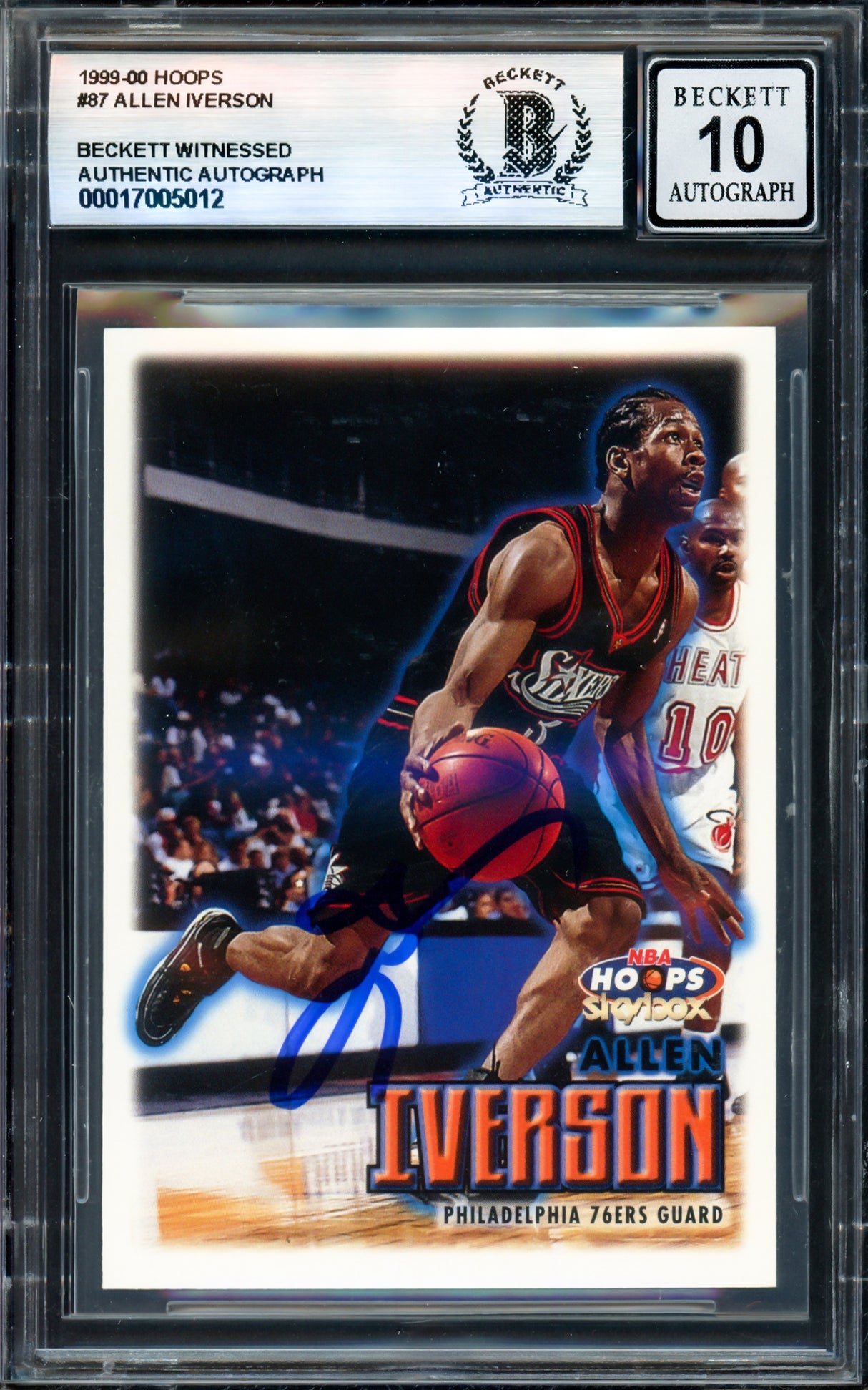 Allen Iverson Autographed 1999-00 Hoops Card #87 Philadelphia 76ers Auto Grade Gem Mint 10 Beckett BAS Witness #17005012