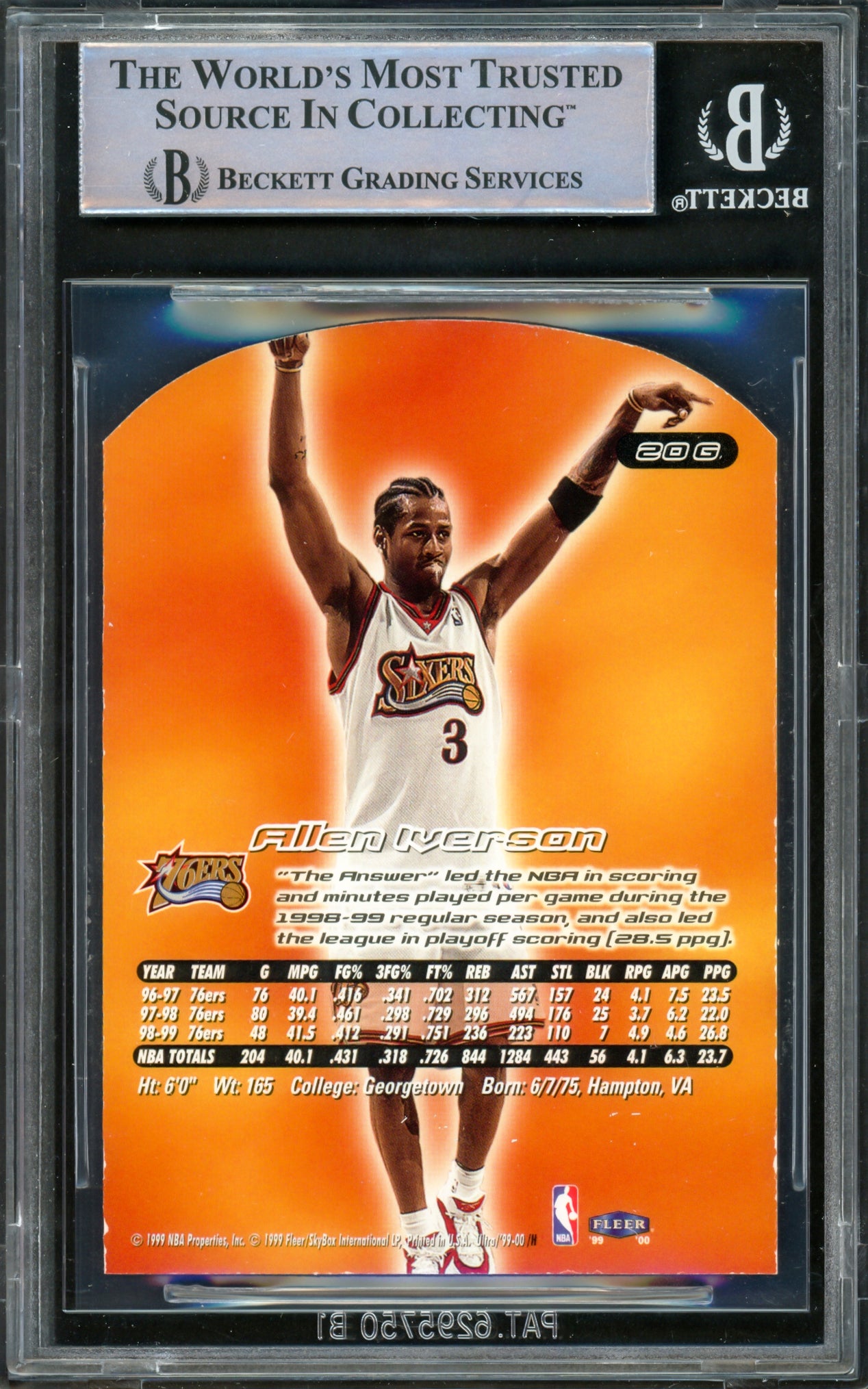 Allen Iverson Autographed 1999-00 Fleer Ultra Gold Medallion Card #20 Philadelphia 76ers Beckett BAS Witness #16562965
