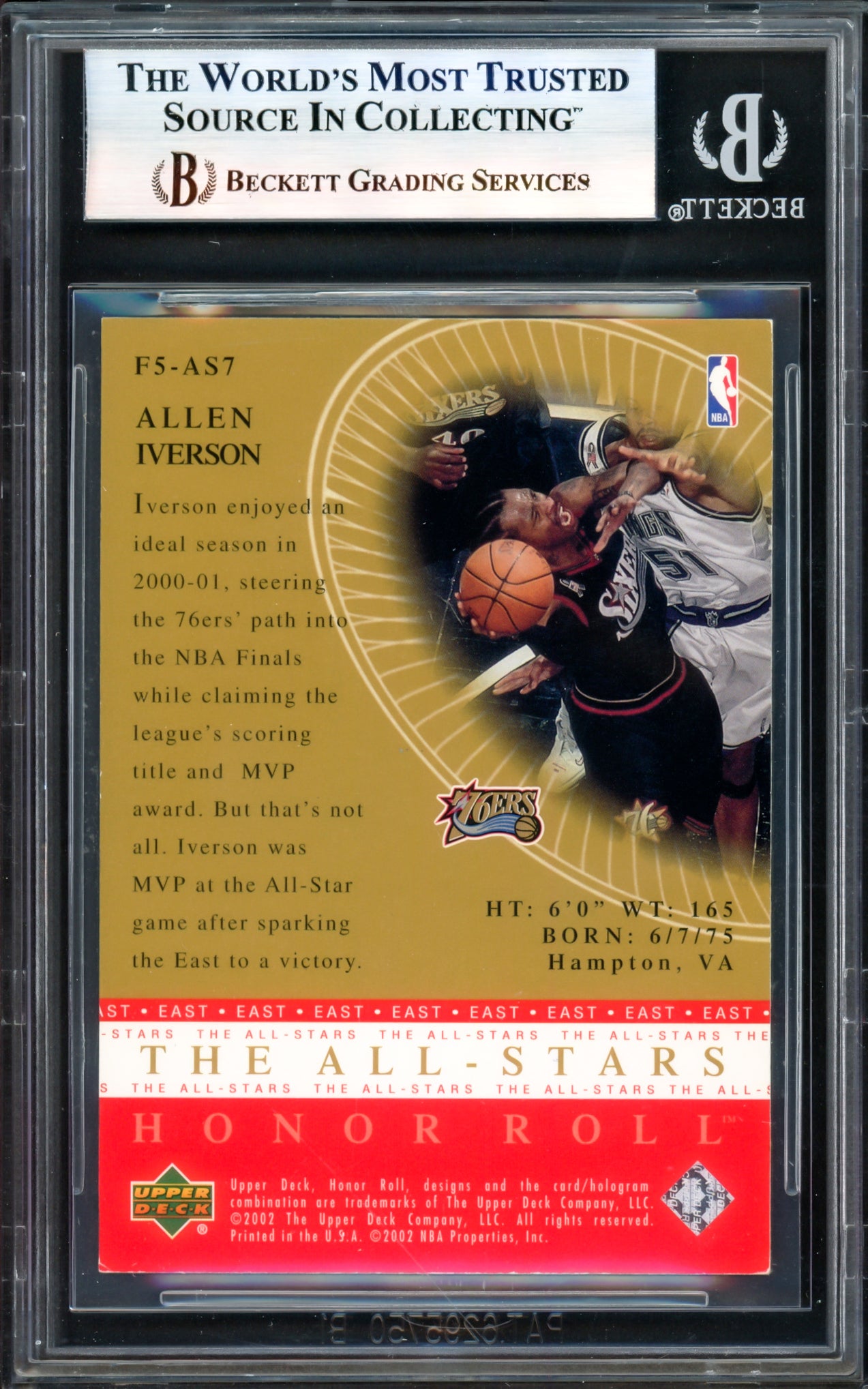 Allen Iverson Autographed 2001-02 Upper Deck Honor Roll Fab Five All-Stars Card #7 Philadelphia 76ers Beckett BAS Witness #17005748
