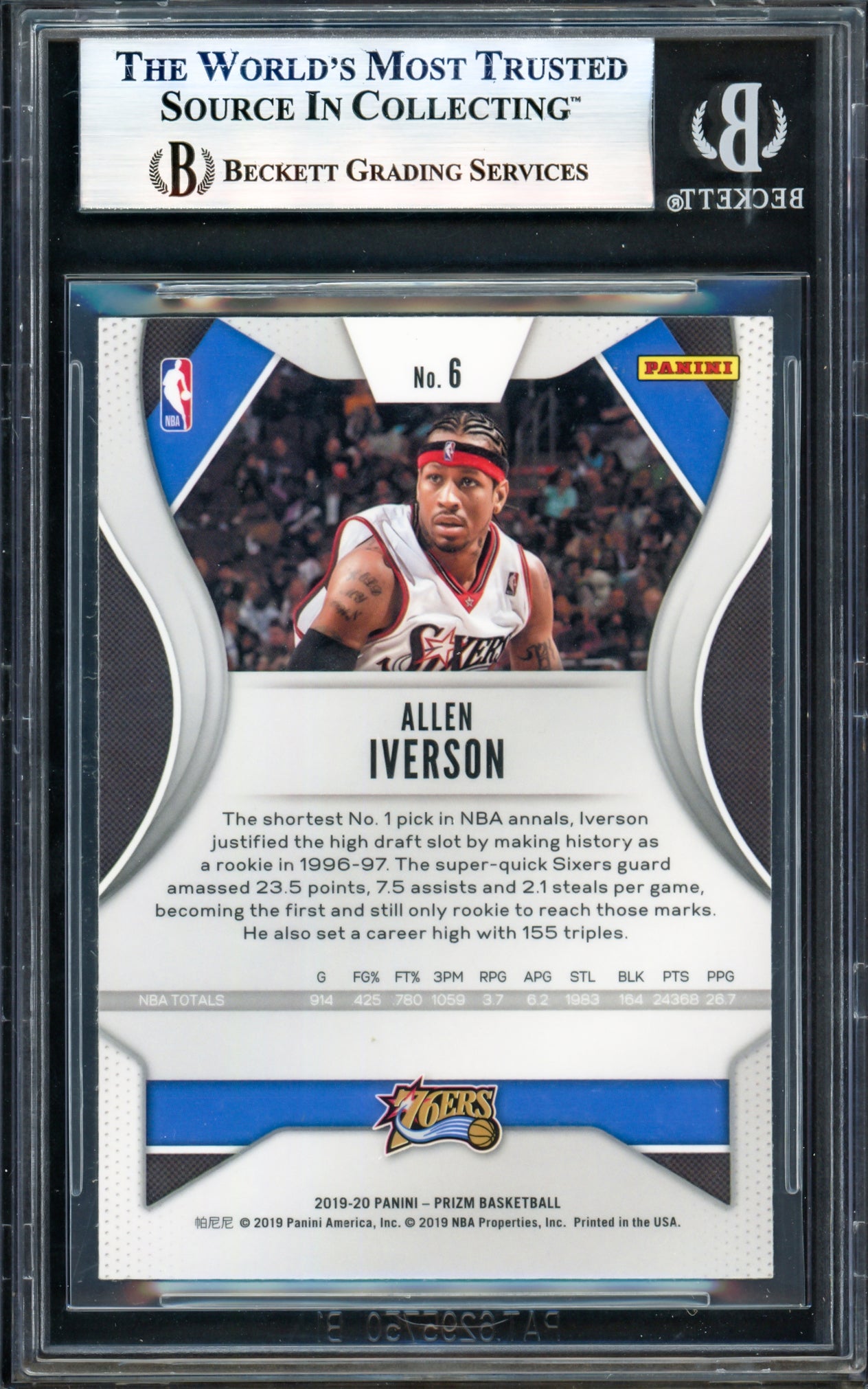 Allen Iverson Autographed 2019-20 Panini Prizm Card #6 Philadelphia 76ers Beckett BAS Witness #17005810