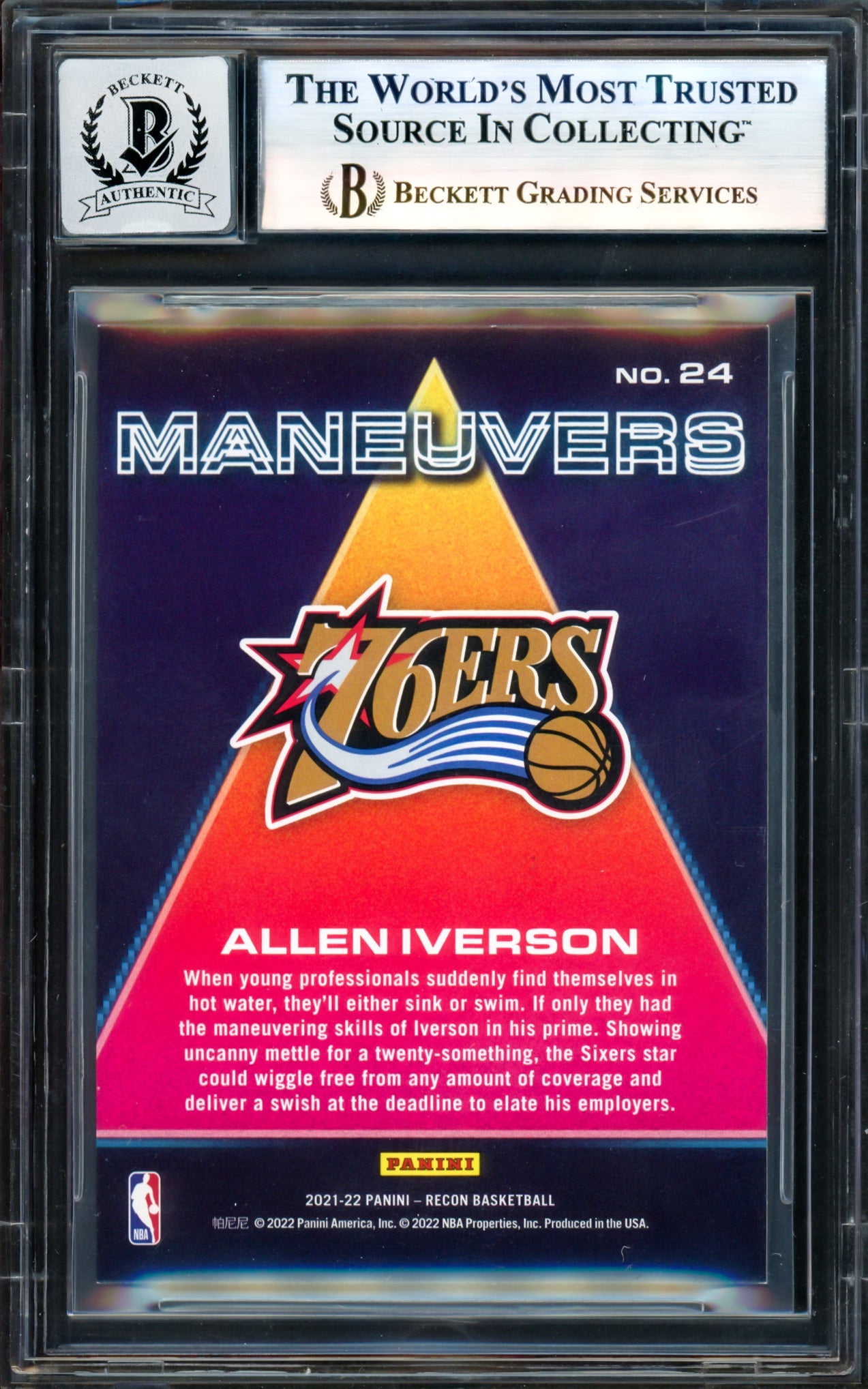 Allen Iverson Autographed 2021-22 Panini Recon Maneuvers Card #24 Philadelphia 76ers Auto Grade Gem Mint 10 Beckett BAS Witness #17004027