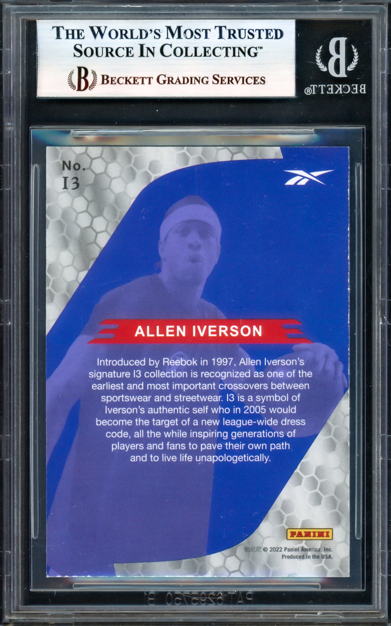 Allen Iverson Autographed 2022 Panini X Reebok Blue Holofoil Card #I3 Philadelphia 76ers Beckett BAS Witness #17005658