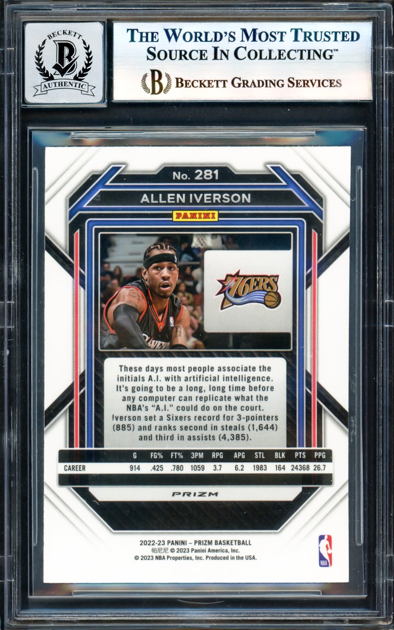 Allen Iverson Autographed 2022-23 Panini Prizm Prizms Silver Card #281 Philadelphia 76ers Auto Grade Gem Mint 10 Beckett BAS Witness #17003677