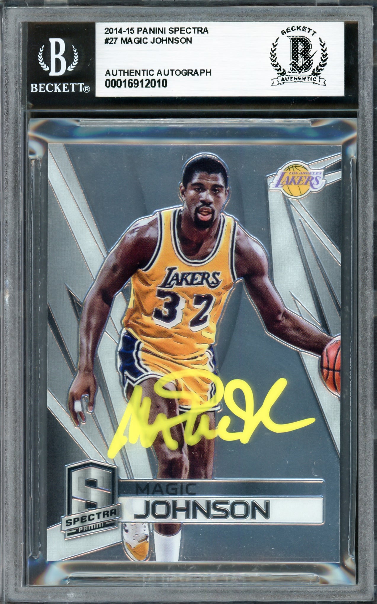 Magic Johnson Autographed 2014-15 Panini Spectra Card #27 Los Angeles Lakers #49/75 Beckett BAS #16912010