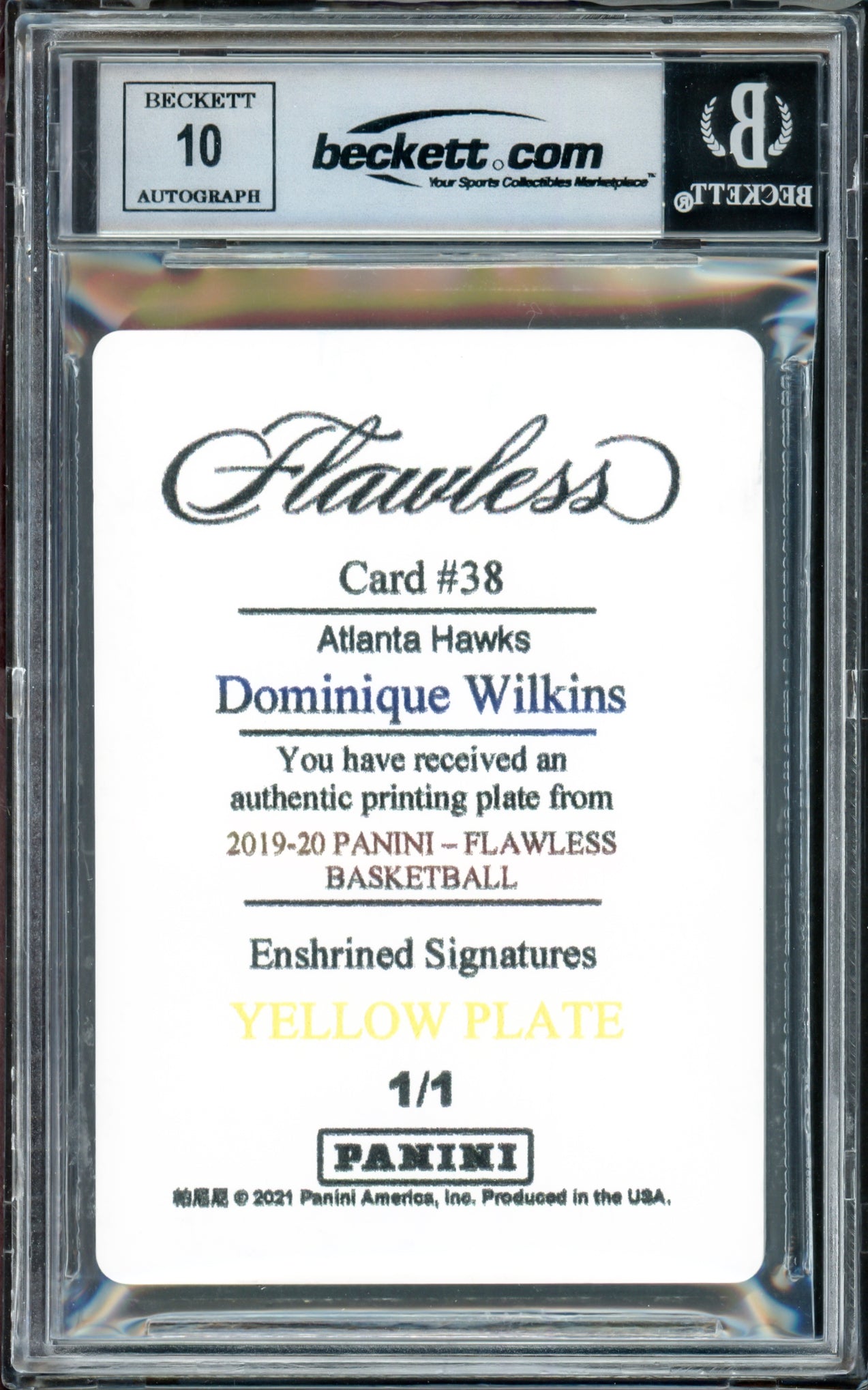 Dominique Wilkins Autographed 2019-20 Panini Flawless Enshrined Printing Plates Yellow Card #38 Atlanta Hawks Auto Grade Gem Mint 10 "HH Film" #1/1 Beckett BAS Witness #16866302