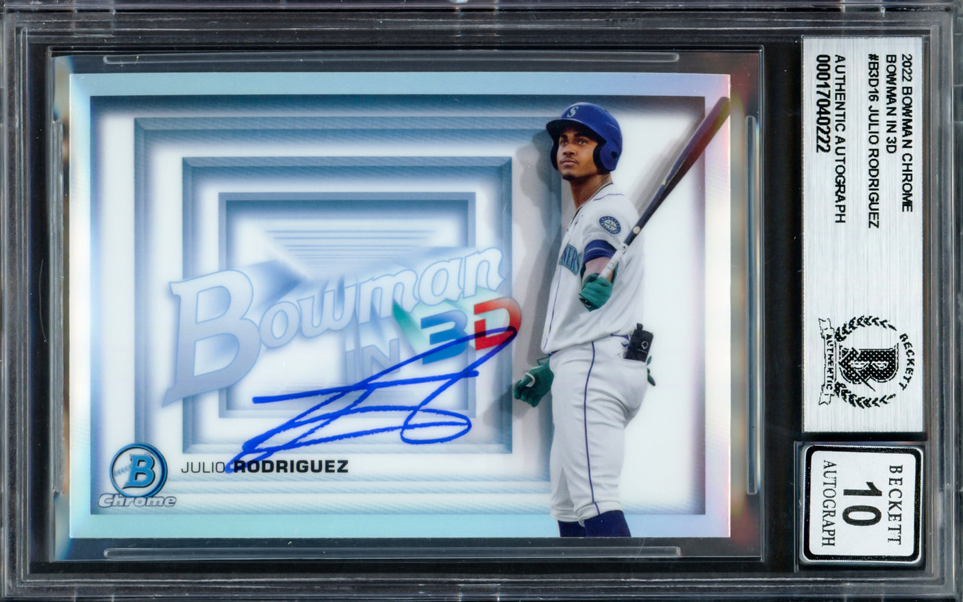 Julio Rodriguez Autographed 2022 Bowman Chrome in 3D Rookie Card #B3D-16 Seattle Mariners Auto Grade Gem Mint 10 Beckett BAS #17040222