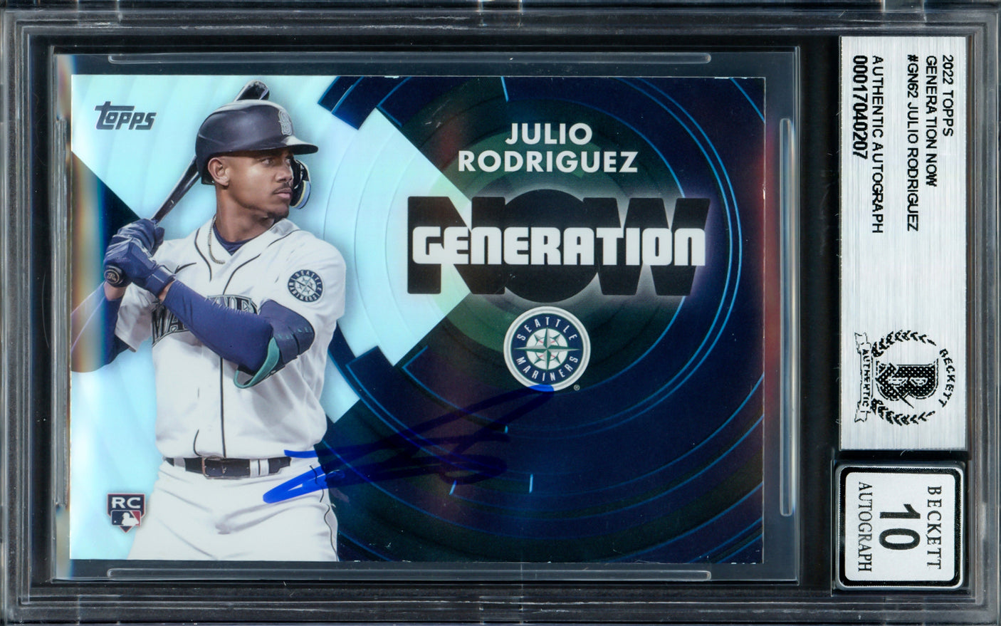 Julio Rodriguez Autographed 2022 Topps Generation Now Rookie Card #GN-62 Seattle Mariners Auto Grade Gem Mint 10 Beckett BAS #17040207