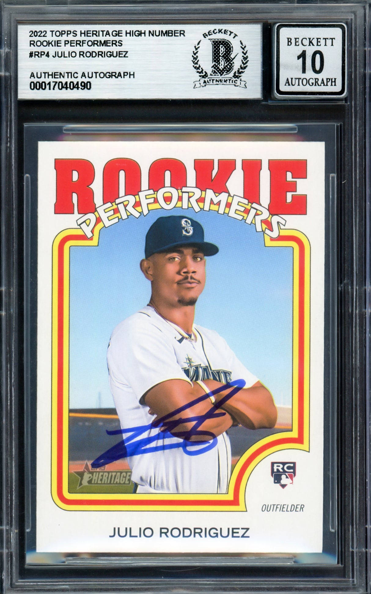 Julio Rodriguez Autographed 2022 Topps Heritage Rookie Performers Rookie Card #RP-4 Seattle Mariners Auto Grade Gem Mint 10 Beckett BAS #17040490