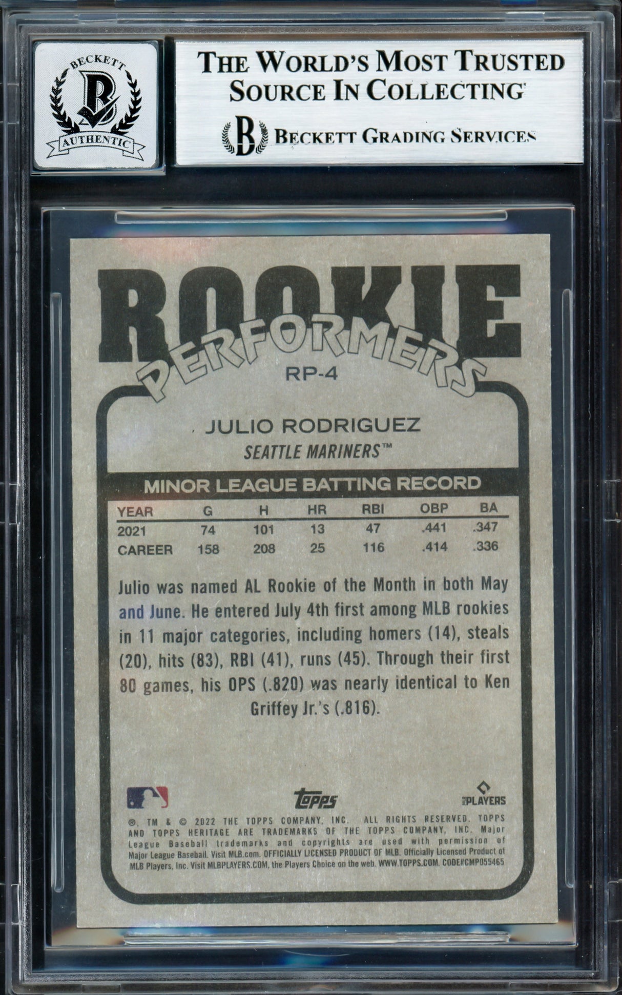 Julio Rodriguez Autographed 2022 Topps Heritage Rookie Performers Rookie Card #RP-4 Seattle Mariners Auto Grade Gem Mint 10 Beckett BAS #17040490
