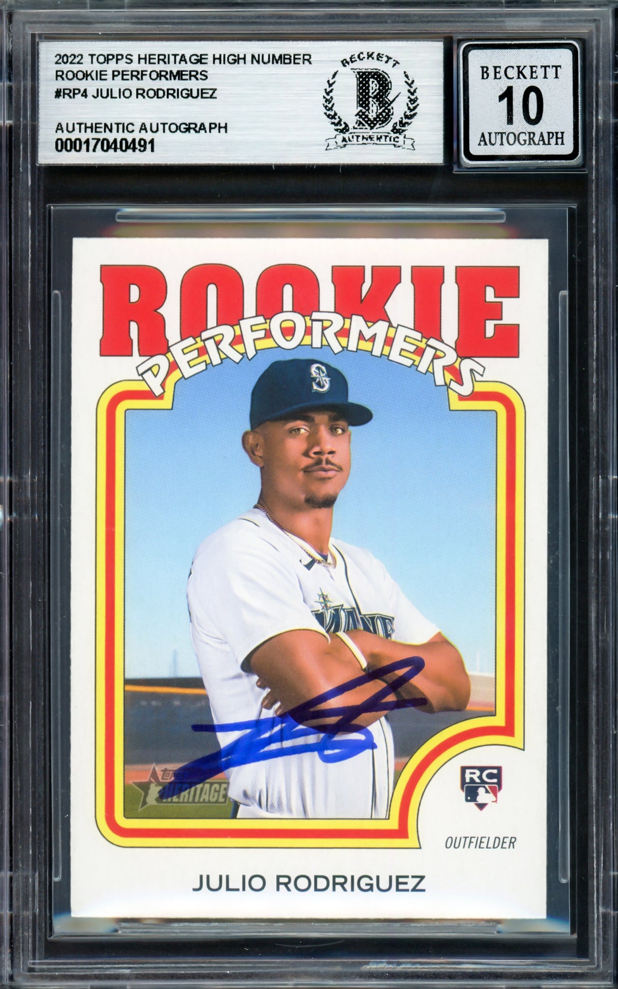 Julio Rodriguez Autographed 2022 Topps Heritage Rookie Performers Rookie Card #RP-4 Seattle Mariners Auto Grade Gem Mint 10 Beckett BAS #17040491