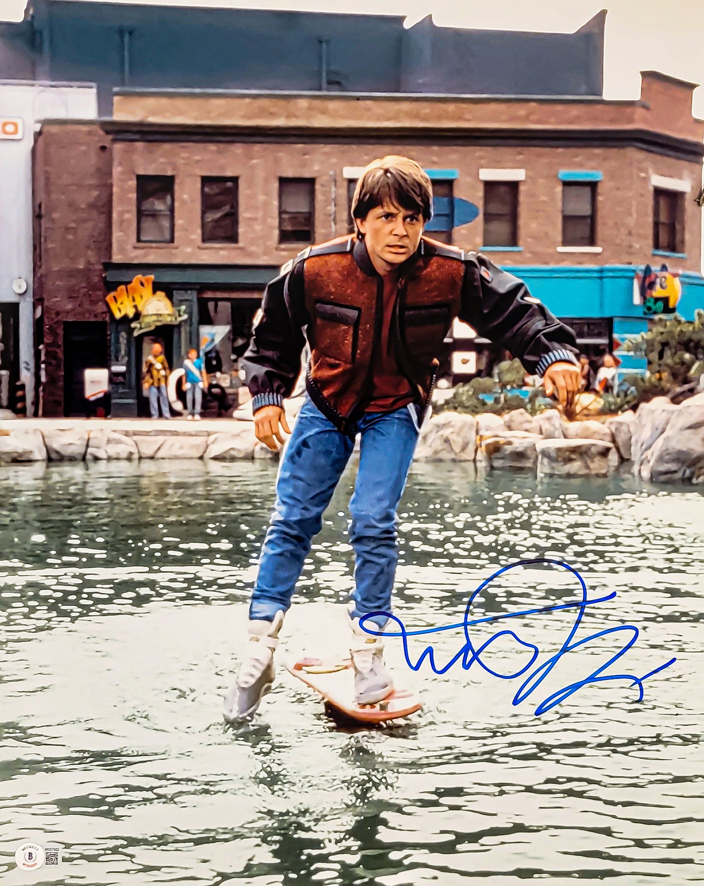 Michael J. Fox Autographed 16x20 Photo Back To The Future Hoverboard Over Water Beckett BAS Witness Stock #209145