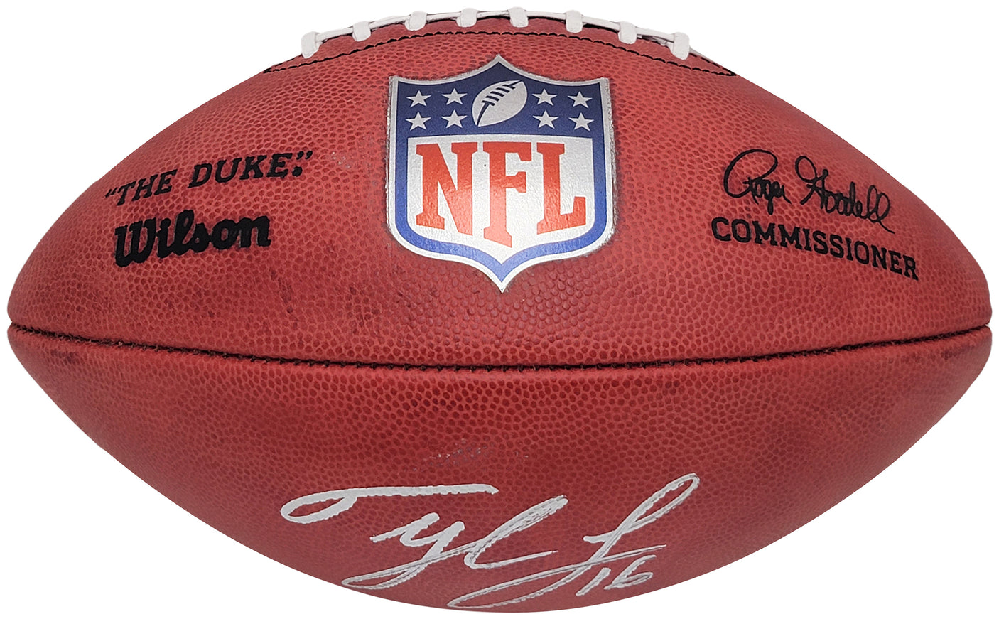 Tyler Lockett Autographed Official NFL Leather Colored Shield Football Seattle Seahawks MCS Holo Stock #209206