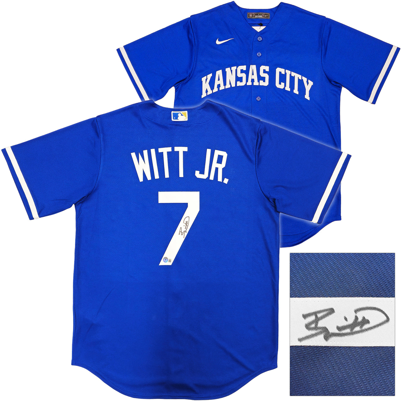 Kansas City Royals Bobby Witt Jr. Autographed Blue Nike Jersey Size M Beckett BAS Witness Stock #235593
