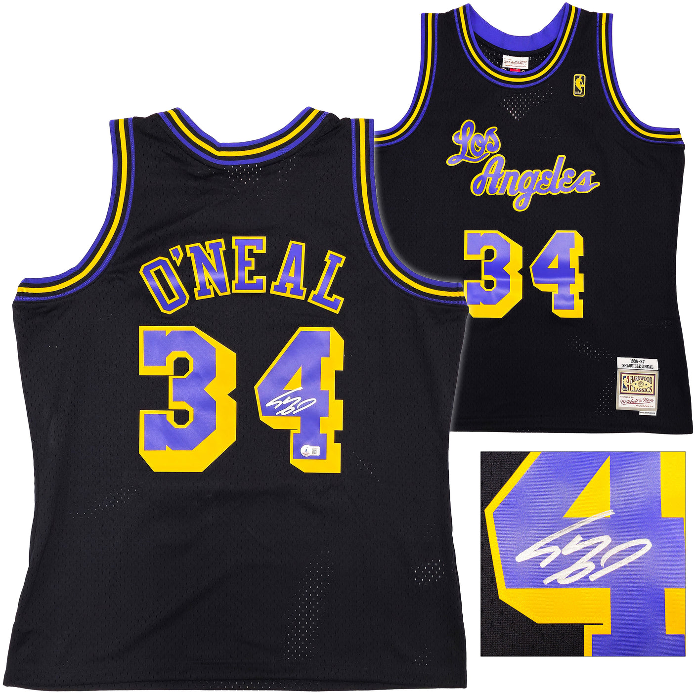 Los Angeles Lakers Shaquille Shaq O'Neal Autographed Black Authentic Mitchell & Ness 1996-97 HWC Swingman Jersey Size XL Beckett BAS Witness Stock #235511