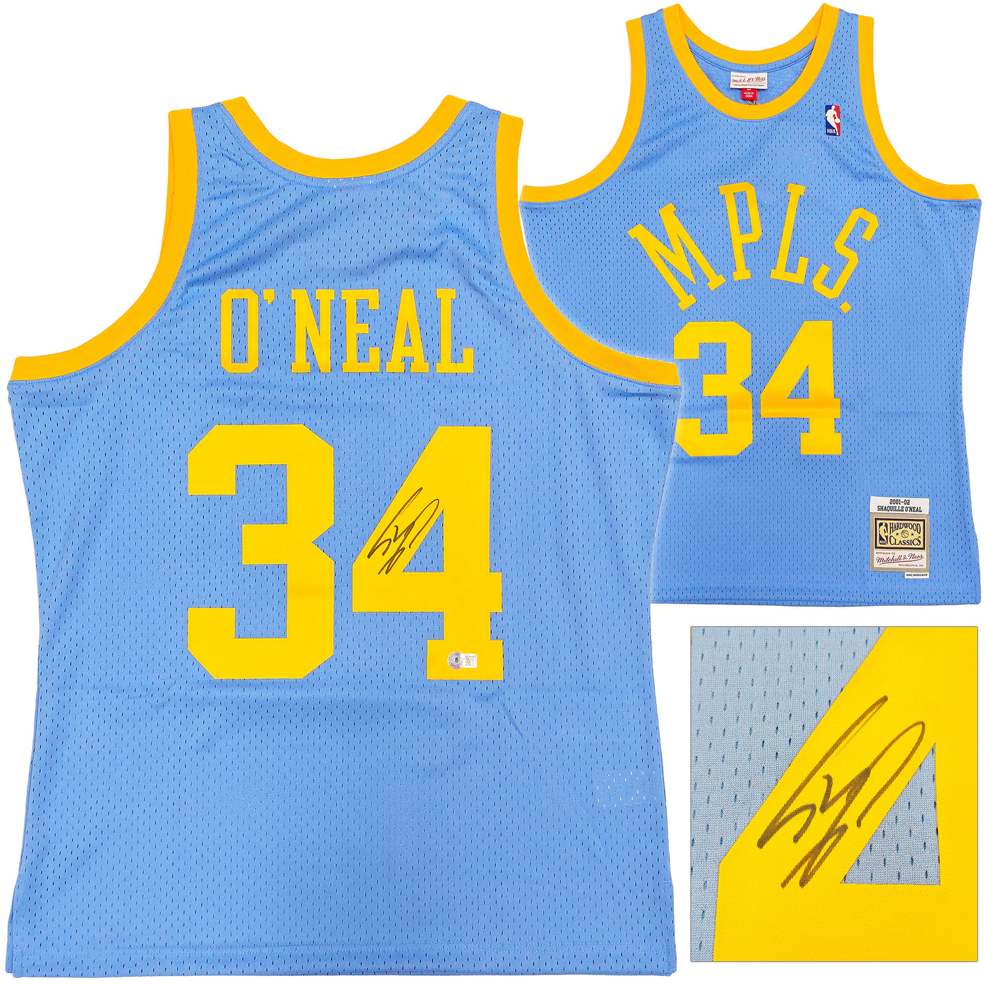 Los Angeles Lakers Shaquille Shaq O'Neal Autographed Baby Blue Authentic Mitchell & Ness 2001-02 HWC Swingman Jersey Size L Beckett BAS Witness Stock #235515